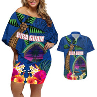 Guam Liberation Day 80th Anniversary Couples Matching Off Shoulder Short Dress and Hawaiian Shirt Palm Tree and Seal Artwork Hibiscus Polynesian Pattern LT03 Blue - Polynesian Pride