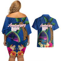 Guam Liberation Day 80th Anniversary Couples Matching Off Shoulder Short Dress and Hawaiian Shirt Palm Tree and Seal Artwork Hibiscus Polynesian Pattern LT03 - Polynesian Pride