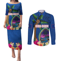 Guam Liberation Day 80th Anniversary Couples Matching Puletasi and Long Sleeve Button Shirt Palm Tree and Seal Artwork Hibiscus Polynesian Pattern LT03 Blue - Polynesian Pride