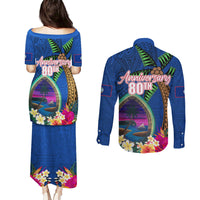 Guam Liberation Day 80th Anniversary Couples Matching Puletasi and Long Sleeve Button Shirt Palm Tree and Seal Artwork Hibiscus Polynesian Pattern LT03 - Polynesian Pride