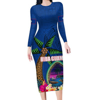 Guam Liberation Day 80th Anniversary Family Matching Long Sleeve Bodycon Dress and Hawaiian Shirt Palm Tree and Seal Artwork Hibiscus Polynesian Pattern LT03 Mom's Dress Blue - Polynesian Pride