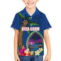 Guam Liberation Day 80th Anniversary Family Matching Off The Shoulder Long Sleeve Dress and Hawaiian Shirt Palm Tree and Seal Artwork Hibiscus Polynesian Pattern LT03 Son's Shirt Blue - Polynesian Pride