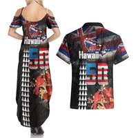 Hawaii Statehood Day Couples Matching Summer Maxi Dress and Hawaiian Shirt 50th state of the United States Kakau Tattoos and Hibiscus Grunge LT03 - Polynesian Pride