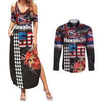 Hawaii Statehood Day Couples Matching Summer Maxi Dress and Long Sleeve Button Shirt 50th state of the United States Kakau Tattoos and Hibiscus Grunge LT03 Black - Polynesian Pride