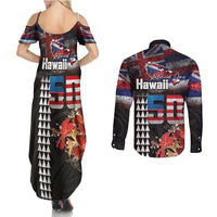 Hawaii Statehood Day Couples Matching Summer Maxi Dress and Long Sleeve Button Shirt 50th state of the United States Kakau Tattoos and Hibiscus Grunge LT03 - Polynesian Pride