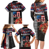 Hawaii Statehood Day Family Matching Long Sleeve Bodycon Dress and Hawaiian Shirt 50th state of the United States Kakau Tattoos and Hibiscus Grunge LT03 - Polynesian Pride