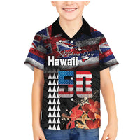 Hawaii Statehood Day Family Matching Mermaid Dress and Hawaiian Shirt 50th state of the United States Kakau Tattoos and Hibiscus Grunge LT03 Son's Shirt Black - Polynesian Pride