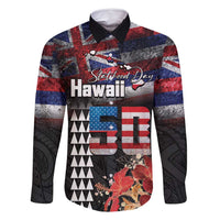 Hawaii Statehood Day Family Matching Off Shoulder Maxi Dress and Hawaiian Shirt 50th state of the United States Kakau Tattoos and Hibiscus Grunge LT03 Dad's Shirt - Long Sleeve Black - Polynesian Pride