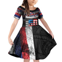 Hawaii Statehood Day Family Matching Off Shoulder Short Dress and Hawaiian Shirt 50th state of the United States Kakau Tattoos and Hibiscus Grunge LT03 Daughter's Dress Black - Polynesian Pride