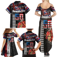 Hawaii Statehood Day Family Matching Summer Maxi Dress and Hawaiian Shirt 50th state of the United States Kakau Tattoos and Hibiscus Grunge LT03 - Polynesian Pride