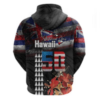 Hawaii Statehood Day Hoodie 50th state of the United States Kakau Tattoos and Hibiscus Grunge LT03 - Polynesian Pride