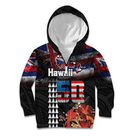 Hawaii Statehood Day Kid Hoodie 50th state of the United States Kakau Tattoos and Hibiscus Grunge LT03 Zip Hoodie Black - Polynesian Pride