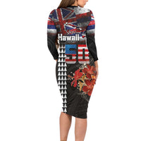 Hawaii Statehood Day Long Sleeve Bodycon Dress 50th state of the United States Kakau Tattoos and Hibiscus Grunge LT03 - Polynesian Pride