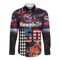 Hawaii Statehood Day Long Sleeve Button Shirt 50th state of the United States Kakau Tattoos and Hibiscus Grunge LT03 Unisex Black - Polynesian Pride