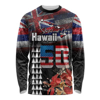 Hawaii Statehood Day Long Sleeve Shirt 50th state of the United States Kakau Tattoos and Hibiscus Grunge LT03 Unisex Black - Polynesian Pride