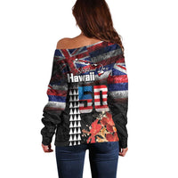 Hawaii Statehood Day Off Shoulder Sweater 50th state of the United States Kakau Tattoos and Hibiscus Grunge LT03 - Polynesian Pride