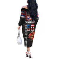 Hawaii Statehood Day Off The Shoulder Long Sleeve Dress 50th state of the United States Kakau Tattoos and Hibiscus Grunge LT03 - Polynesian Pride