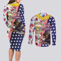 Hawaii and United States Together Couples Matching Long Sleeve Bodycon Dress and Long Sleeve Button Shirt Seal of Hawaii and Bald Eagle LT03 - Polynesian Pride