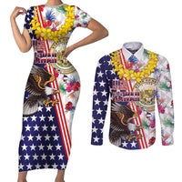 Hawaii and United States Together Couples Matching Short Sleeve Bodycon Dress and Long Sleeve Button Shirt Seal of Hawaii and Bald Eagle LT03 White - Polynesian Pride