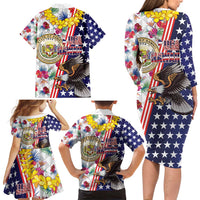 Hawaii and United States Together Family Matching Long Sleeve Bodycon Dress and Hawaiian Shirt Seal of Hawaii and Bald Eagle LT03 - Polynesian Pride