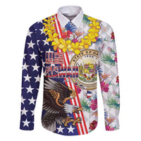 Hawaii and United States Together Family Matching Off Shoulder Short Dress and Hawaiian Shirt Seal of Hawaii and Bald Eagle LT03 Dad's Shirt - Long Sleeve White - Polynesian Pride