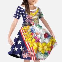 Hawaii and United States Together Family Matching Short Sleeve Bodycon Dress and Hawaiian Shirt Seal of Hawaii and Bald Eagle LT03 Daughter's Dress White - Polynesian Pride