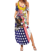 Hawaii and United States Together Family Matching Summer Maxi Dress and Hawaiian Shirt Seal of Hawaii and Bald Eagle LT03 Mom's Dress White - Polynesian Pride