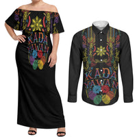 Philippines Kadayawan Festival Couples Matching Off Shoulder Maxi Dress and Long Sleeve Button Shirt Polynesian Tribal Art Barong Style LT03 Black - Polynesian Pride