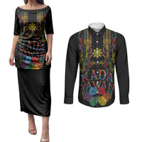 Philippines Kadayawan Festival Couples Matching Puletasi and Long Sleeve Button Shirt Polynesian Tribal Art Barong Style LT03 Black - Polynesian Pride
