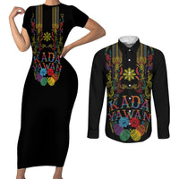 Philippines Kadayawan Festival Couples Matching Short Sleeve Bodycon Dress and Long Sleeve Button Shirt Polynesian Tribal Art Barong Style LT03 Black - Polynesian Pride
