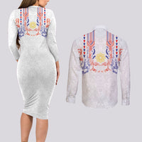Philippines Barong Style Couples Matching Long Sleeve Bodycon Dress and Long Sleeve Button Shirt Polynesian Kakau Art Tattoos with Tribal Filipino Sun LT03 - Polynesian Pride