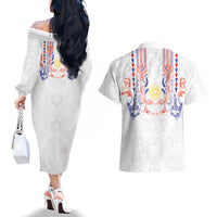 Philippines Barong Style Couples Matching Off The Shoulder Long Sleeve Dress and Hawaiian Shirt Polynesian Kakau Art Tattoos with Tribal Filipino Sun LT03 - Polynesian Pride