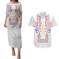 Philippines Barong Style Couples Matching Puletasi and Hawaiian Shirt Polynesian Kakau Art Tattoos with Tribal Filipino Sun