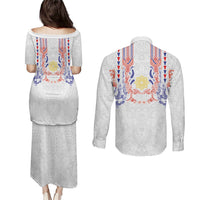 Philippines Barong Style Couples Matching Puletasi and Long Sleeve Button Shirt Polynesian Kakau Art Tattoos with Tribal Filipino Sun LT03 - Polynesian Pride