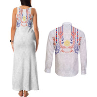 Philippines Barong Style Couples Matching Tank Maxi Dress and Long Sleeve Button Shirt Polynesian Kakau Art Tattoos with Tribal Filipino Sun