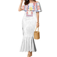 Philippines Barong Style Mermaid Dress Polynesian Kakau Art Tattoos with Tribal Filipino Sun LT03 Women White - Polynesian Pride