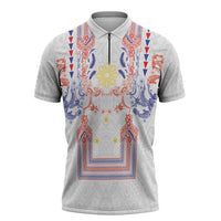 Philippines Barong Style Zipper Polo Shirt Polynesian Kakau Art Tattoos with Tribal Filipino Sun LT03 White - Polynesian Pride