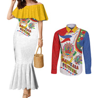 Philippines MassKara Festival Couples Matching Mermaid Dress and Long Sleeve Button Shirt Smile Masks with Hawaiian Art Pattern and Tropical Plants LT03 Multicolor - Polynesian Pride