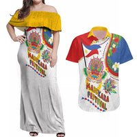 Philippines MassKara Festival Couples Matching Off Shoulder Maxi Dress and Hawaiian Shirt Smile Masks with Hawaiian Art Pattern and Tropical Plants