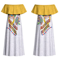 Philippines MassKara Festival Couples Matching Off Shoulder Maxi Dress and Hawaiian Shirt Smile Masks with Hawaiian Art Pattern and Tropical Plants LT03 - Polynesian Pride