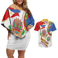 Philippines MassKara Festival Couples Matching Off Shoulder Short Dress and Hawaiian Shirt Smile Masks with Hawaiian Art Pattern and Tropical Plants LT03 Multicolor - Polynesian Pride