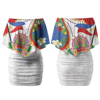 Philippines MassKara Festival Couples Matching Off Shoulder Short Dress and Hawaiian Shirt Smile Masks with Hawaiian Art Pattern and Tropical Plants LT03 - Polynesian Pride