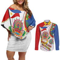 Philippines MassKara Festival Couples Matching Off Shoulder Short Dress and Long Sleeve Button Shirt Smile Masks with Hawaiian Art Pattern and Tropical Plants LT03 Multicolor - Polynesian Pride