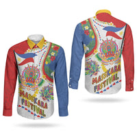 Philippines MassKara Festival Couples Matching Off Shoulder Short Dress and Long Sleeve Button Shirt Smile Masks with Hawaiian Art Pattern and Tropical Plants LT03 - Polynesian Pride