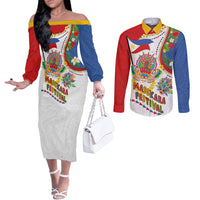 Philippines MassKara Festival Couples Matching Off The Shoulder Long Sleeve Dress and Long Sleeve Button Shirt Smile Masks with Hawaiian Art Pattern and Tropical Plants LT03 Multicolor - Polynesian Pride