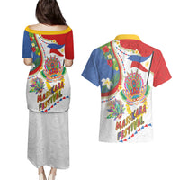 Philippines MassKara Festival Couples Matching Puletasi and Hawaiian Shirt Smile Masks with Hawaiian Art Pattern and Tropical Plants LT03 - Polynesian Pride