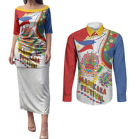 Philippines MassKara Festival Couples Matching Puletasi and Long Sleeve Button Shirt Smile Masks with Hawaiian Art Pattern and Tropical Plants LT03 Multicolor - Polynesian Pride