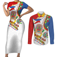 Philippines MassKara Festival Couples Matching Short Sleeve Bodycon Dress and Long Sleeve Button Shirt Smile Masks with Hawaiian Art Pattern and Tropical Plants LT03 Multicolor - Polynesian Pride