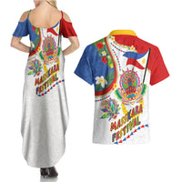 Philippines MassKara Festival Couples Matching Summer Maxi Dress and Hawaiian Shirt Smile Masks with Hawaiian Art Pattern and Tropical Plants LT03 - Polynesian Pride