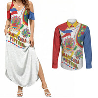 Philippines MassKara Festival Couples Matching Summer Maxi Dress and Long Sleeve Button Shirt Smile Masks with Hawaiian Art Pattern and Tropical Plants LT03 Multicolor - Polynesian Pride